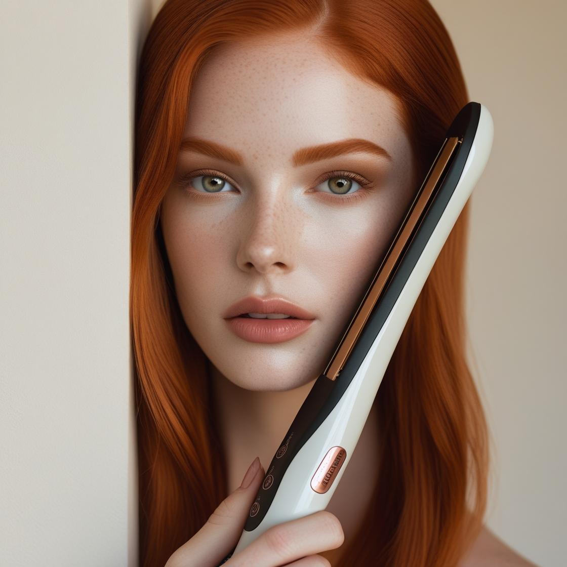 belle femme rousse maquillée qui utilise un lisseur cheveux