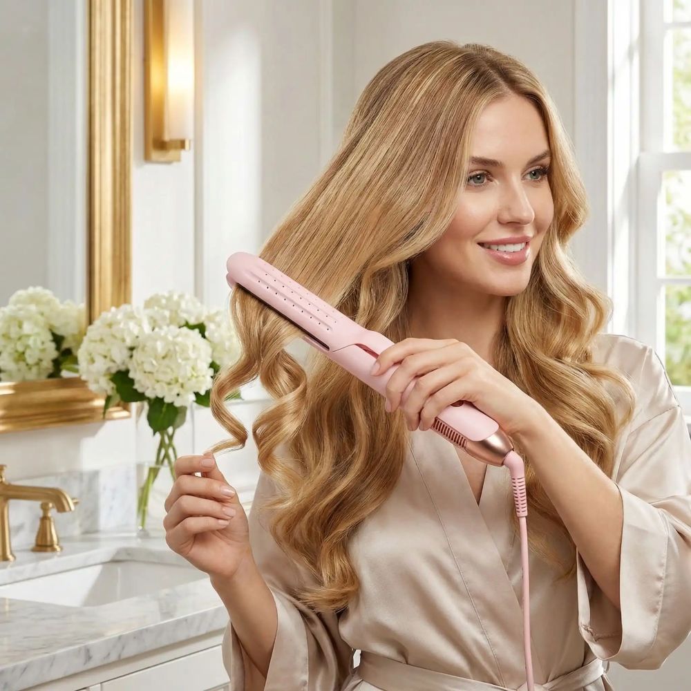 femme blonde coiffe cheveux lisseur et boucleur