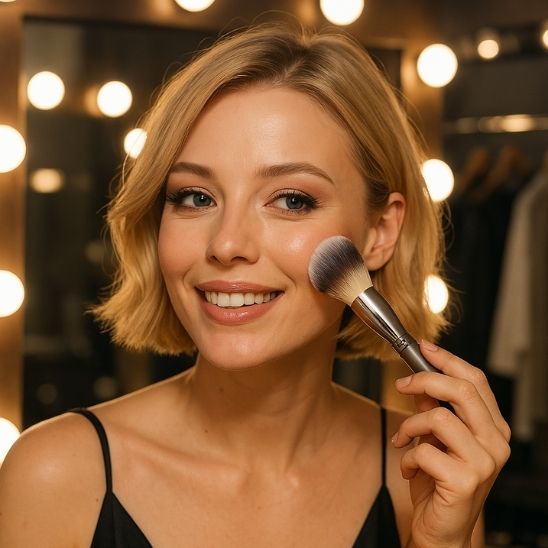 femme blonde court pinceaux maquillage