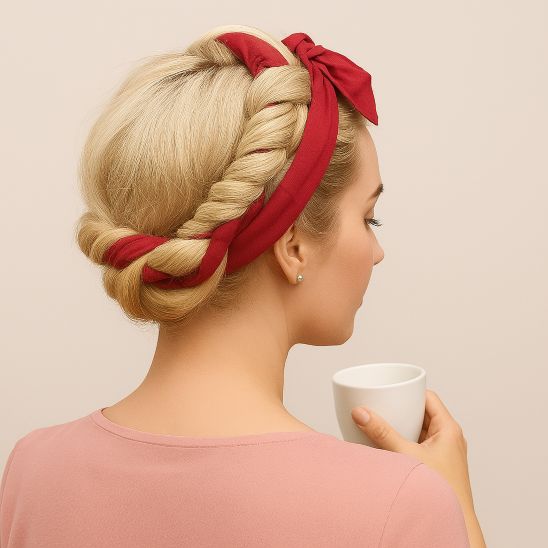 femme blonde porte bandeau bigoudi bordeaux