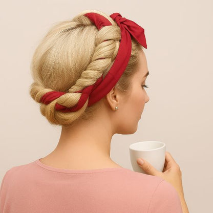 femme blonde porte bandeau bigoudi bordeaux