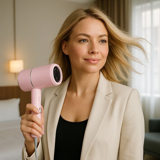 femme blonde sèche cheveux de voyage rose