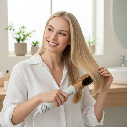 femme blonde sèche cheveux boucleur 5 en 1