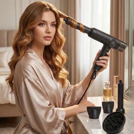 femme blonde seche cheveux professionnel noir