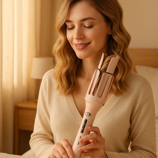 femme blonde utilise boucleur à cheveux