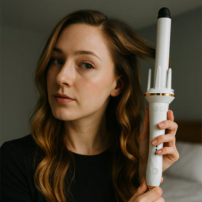 femme blonde utilise boucleur automatique cheveux