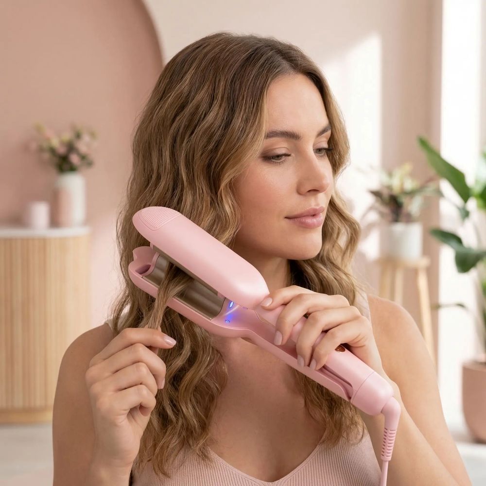 femme blonde utilise boucleur pour cheveux wavy