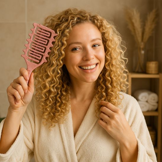 femme blonde utilise brosse à cheveux bouclés