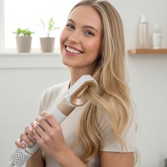 femme blonde utilise sèche cheveux boucleur