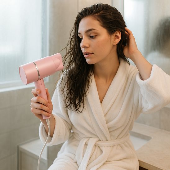 femme brune assise cheveux mouillés sèche cheveux de voyage