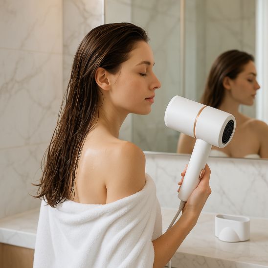 femme brune cheveux mouillés sèche cheveux voyage