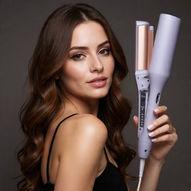 femme brune montre fer à boucler violet