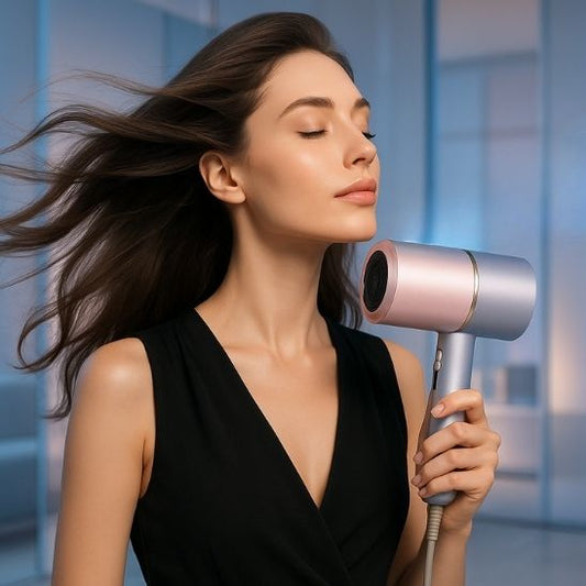femme brune sèche cheveux de voyage pastel