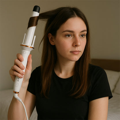 femme brune utilise boucleur automatique cheveux
