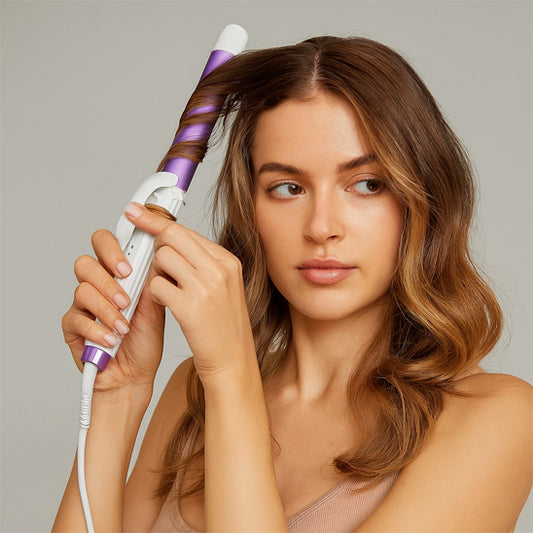 femme brune utilise boucleur pour cheveux