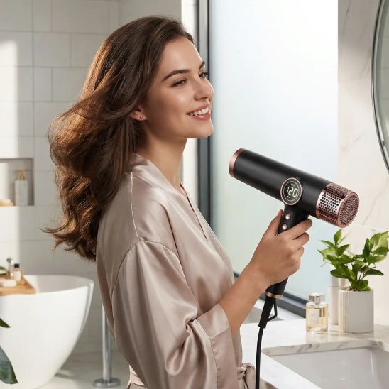 femme brune utilise sèche cheveux professionnel