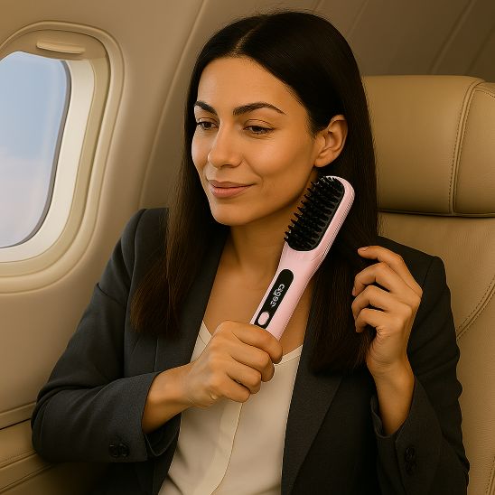 femme brune voyage brosse chauffante