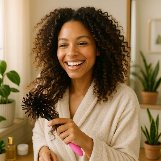 femme cheveux bouclés utilise brosse coiffante