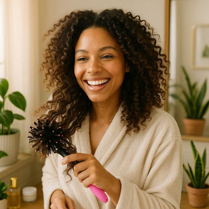 femme cheveux bouclés utilise brosse coiffante