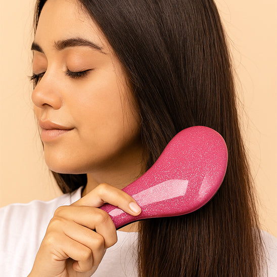 femme coiffe cheveux brosse démelante rose