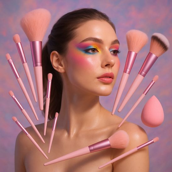 femme pinceaux maquillage rose