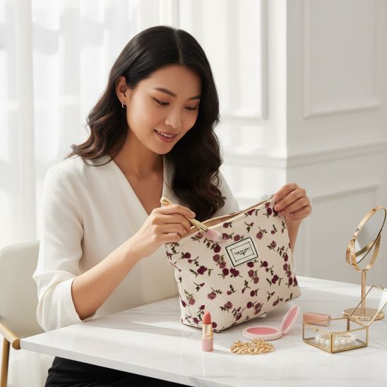 femme trousse à maquillage fleurie vintage