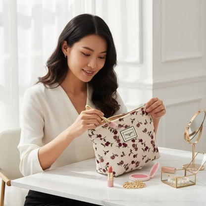 femme trousse à maquillage fleurie vintage