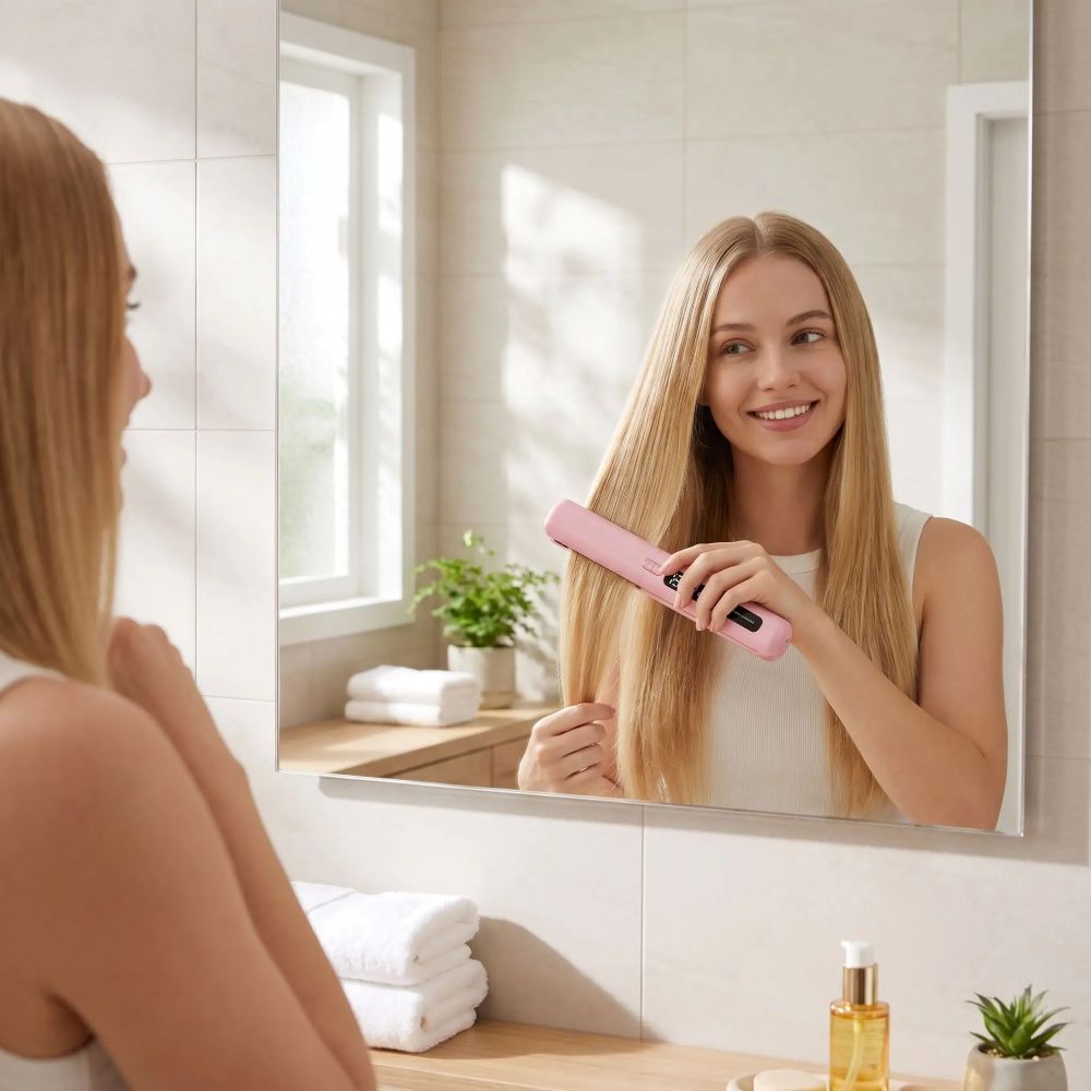 femme utilise mini lisseur sans fil