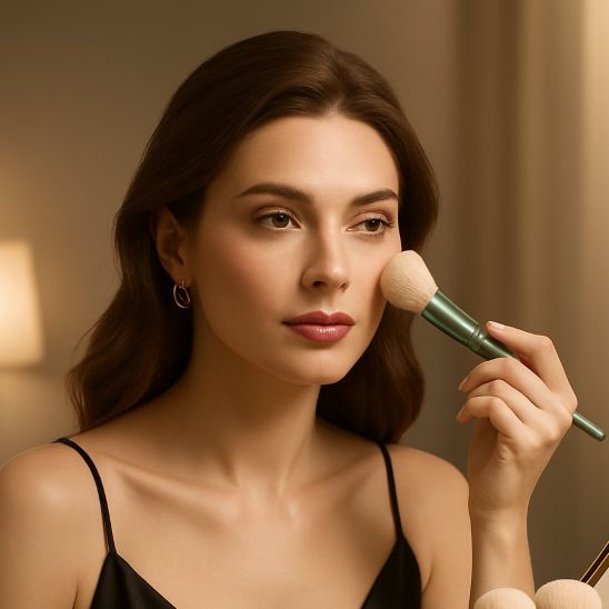 femme utilise pinceaux maquillage vert