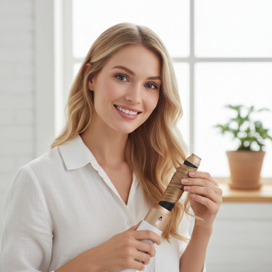 femme utilise seche cheveux boucleur 5 en 1