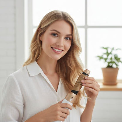 femme utilise seche cheveux boucleur 5 en 1