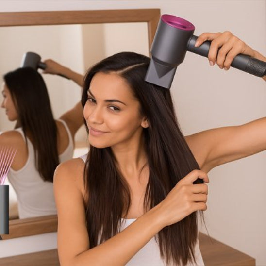 femme utilise sèche cheveux ionique efficace