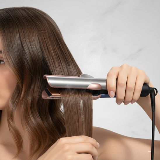 femme utilise seche cheveux lisseur gris