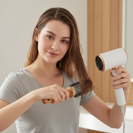 femme utilise seche cheveux professionnel blanc