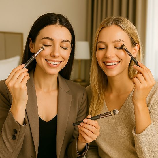 femmes brune blonde pinceaux maquillage
