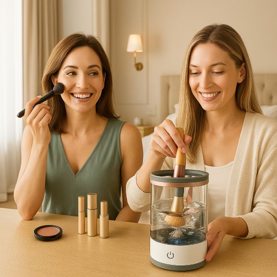 femmes utilisent nettoyeur pinceau maquillage