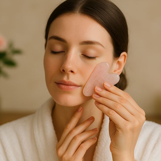 une femme qui utilise une pierre de gua sha rose