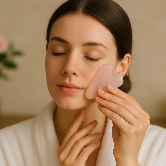une femme qui utilise une pierre de gua sha rose