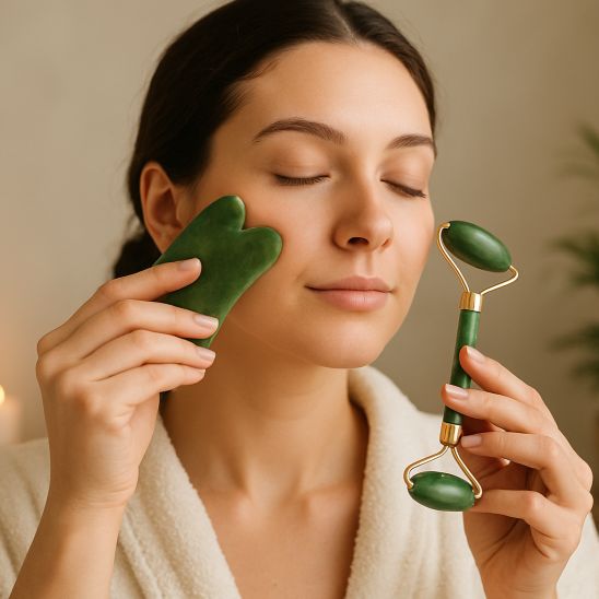 une femme qui utilise une pierre et un rouleau visage gua sha vert